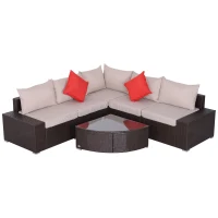 Outsunny 6 Piece Wicker Rattan Outdoor Patio Fan Shape Glass Coffee Table Furniture Set(m-1)