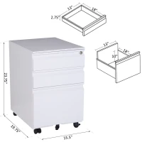 HomCom 24" Steel 3 Drawer Locking File Cabinet on Wheels - White(m-3)