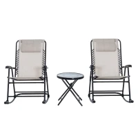 Outsunny Outdoor Sling Mesh Lounger Folding Rocking Chair Patio Table Seating Set - Cream White(m-7)