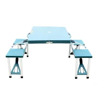 Open Box Outsunny 4 Person Plastic Portable Compact Folding Suitcase Picnic Table Set with Umbrella Hole - Green(m-5)