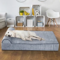 PawHut Orthopedic 52" x 36" Suede Padded Pet Dog Bed  Memory Foam Bolster with Pillow - Grey with Navy Blue Liner(m-1)