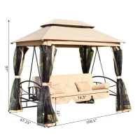 Outsunny Outdoor 3 Person Patio Daybed Canopy Gazebo Swing, Tan with Mesh Walls(m-5)