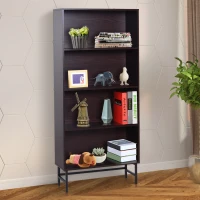 HomCom 71" 4-Shelf Modern Open Wood Grain Bookcase with Metal Feet - Dark Coffee(m-2)
