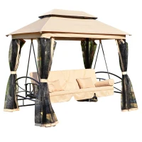 Outsunny Outdoor 3 Person Patio Daybed Canopy Gazebo Swing, Tan with Mesh Walls(m-1)