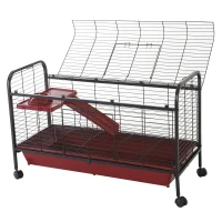 PawHut 42" Metal Wire Small Animal Pet Cage Rabbit Guinea Pig Play House with Wheels and Ramp - Red and Black(m-4)