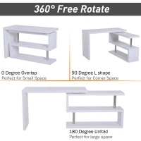 HomCom 75” L Shaped Writing Desk Rotating Desk Swivel Corner Home Office Study Desk - White(m-5)