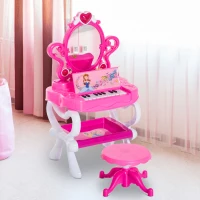 Qaba 2-in-1 Kids Piano Vanity Table Stool Princess Pretend Play Set with Lights(m-9)