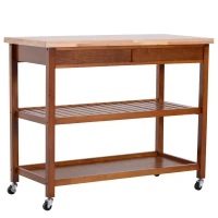 HomCom 44" 3-Tier Rubberwood Kitchen Island Cart on Wheels - Brown(m-7)