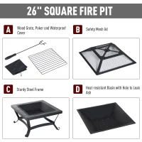 Outsunny 26" Square Steel Backyard Fire Pit With Cover And Accessories(m-4)