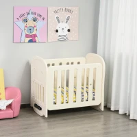 Qaba Multi-Functional Toddler Bed Baby Crib with an Adjustable Height, 4 Detachable Lockable Wheels(m-1)