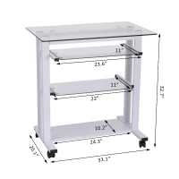 HomCom 33" Contemporary Glass Top Portable Workstation Desk Cart With Shelves - White(m-3)