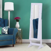 HomCom 58" Lockable LED Lighted Jewelry Storage Cabinet Armoire with Full-Length Mirror - White(m-2)