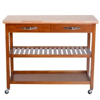 HomCom 44" 3-Tier Rubberwood Kitchen Island Cart on Wheels - Brown(m-1)