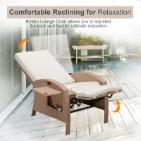 Outsunny Outdoor Rattan Wicker Adjustable Recliner Lounge Chair with Drink Tray & Stylish Contemporary Design - Beige(m-5)