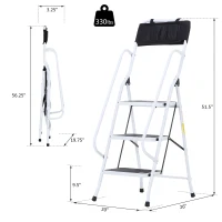 HOMCOM Folding 3 Step Stool Ladder with Safety Rails and Tool Bag Holder(m-3)