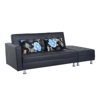 HomCom Faux Leather Convertible Sofa Sleeper Bed with Storage Ottoman - Black(m-1)