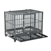 PawHut 36" Heavy Duty Chew Resistant Steel Pet Dog Crate Kennel Cage with Wheels - Grey Vein(m-8)