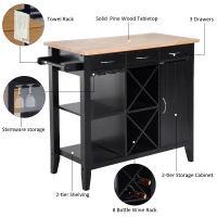 HomCom 44" Wooden Butcher Block Kitchen Island with Wine Rack - Black(m-4)