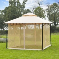 Outsunny 10x10 Outdoor Gazebo Canopy with Mesh Netting, Beige - Elegant Metal Patio Shelter for Garden & Backyard(m-3)