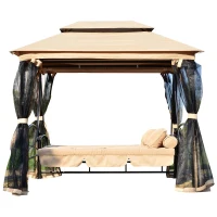 Outsunny Outdoor 3 Person Patio Daybed Canopy Gazebo Swing, Tan with Mesh Walls(m-2)