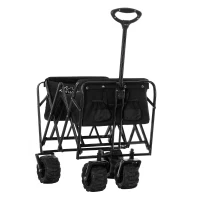 Aosom Utility Folding Wagon Big Wheels Compact Outdoor Garden Cart with Steel Structure for Shopping, Fishing, Camping, Beach - Black(m-7)