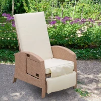 Outsunny Outdoor Rattan Wicker Adjustable Recliner Lounge Chair with Drink Tray & Stylish Contemporary Design - Beige(m-1)