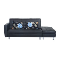 HomCom Faux Leather Convertible Sofa Sleeper Bed with Storage Ottoman - Black(m-4)