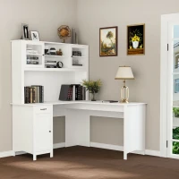 HOMCOM L-Shaped Desk with Hutch, Computer Desk with Drawers, Home Office Corner Desk Study Workstation Table with Storage Cabinets Shelves, White(m-10)