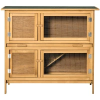 PawHut Bunny House Indoor, Solid Wood Rabbit Hutch, with 2 Large Main Rooms and Firm Cage - Yellow(m-9)