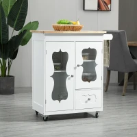 HOMCOM Kitchen Cart, Small Kitchen Island, Rubber Wood Top Utility Trolley on Wheels with 2 Cabinets Storage Drawer Towel Rack for Dining Room, White(m-1)