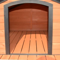 PawHut Wooden Dog House with Porch, Outside Dog House with Water-resistant Asphalt Roof, Ladders, Fencing, Window, for Small and Medium Dogs, Natural(m-12)