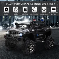 Aosom Kids Ride-On Car 12V RC 2-Seater Police Truck Electric Car For Kids with Full LED Lights, MP3, Parental Remote Control, Black(m-5)