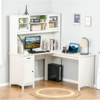 HOMCOM L-Shaped Desk with Hutch, Computer Desk with Drawers, Home Office Corner Desk Study Workstation Table with Storage Cabinets Shelves, White(m-9)