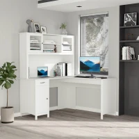 HOMCOM L-Shaped Desk with Hutch, Computer Desk with Drawers, Home Office Corner Desk Study Workstation Table with Storage Cabinets Shelves, White(m-7)