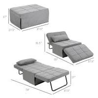 HOMCOM 4-In-1 Design Convertible Sofa Tea Table Lounge Chair Single Bed with 5-Level Adjustable Backrest, Footstool and Metal Frame for Living Room Bedroom, Grey(m-3)