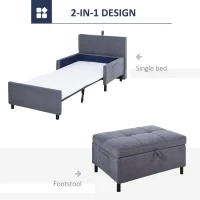 HOMCOM 2-In-1 Design Convertible Single Sofa Bed with Side Pocket and Metal Frame Couch for Living Room, Grey(m-4)