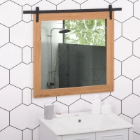 HOMCOM Industrial Style Square Bathroom Wall Mirror, Rustic Mirror, Barn Door Style Make Up Home Decoration, Wood(m-10)