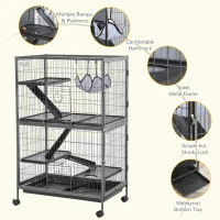 PawHut Deluxe Small Animal Cage Rolling Pet Product Play House Home with Platform, Ramps, Slide Out Tray, 4-Tier with Hammock and Universal Wheels(m-4)