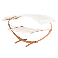 Outsunny 13' Wooden Arc Hammock with Canopy, Outdoor Hammock, Single Bed with Modern Curved Stand for Patio Backyard, Comfortable Polyester Fabic and Steel, White(m-1)