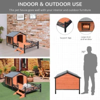 PawHut Wooden Dog House with Porch, Outside Dog House with Water-resistant Asphalt Roof, Ladders, Fencing, Window, for Small and Medium Dogs, Natural(m-4)