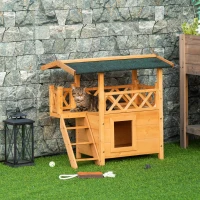 PawHut Wooden Cat House, 2-Floor Feral Cat Shelter, Kitten Condo Outdoor with Balcony, Stairs, Asphalt Roof, Natural(m-2)