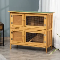 PawHut Bunny House Indoor, Solid Wood Rabbit Hutch, with 2 Large Main Rooms and Firm Cage - Yellow(m-8)