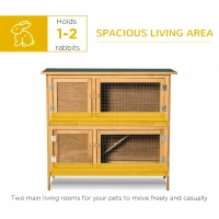 PawHut Bunny House Indoor, Solid Wood Rabbit Hutch, with 2 Large Main Rooms and Firm Cage - Yellow(m-5)