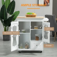 HOMCOM Kitchen Cart, Small Kitchen Island, Rubber Wood Top Utility Trolley on Wheels with 2 Cabinets Storage Drawer Towel Rack for Dining Room, White(m-4)