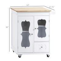 HOMCOM Kitchen Cart, Small Kitchen Island, Rubber Wood Top Utility Trolley on Wheels with 2 Cabinets Storage Drawer Towel Rack for Dining Room, White(m-3)