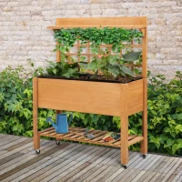 Outsunny 41"x18"x53" Elevated Garden Raised Bed with Shelf and Wheels Solid Wood Planter Flower Herb Boxes for Vegetables Flower Outdoor/Indoor - Brown(m-2)