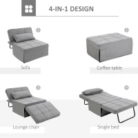 HOMCOM 4-In-1 Design Convertible Sofa Tea Table Lounge Chair Single Bed with 5-Level Adjustable Backrest, Footstool and Metal Frame for Living Room Bedroom, Grey(m-4)