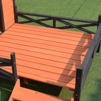 PawHut Wooden Dog House with Porch, Outside Dog House with Water-resistant Asphalt Roof, Ladders, Fencing, Window, for Small and Medium Dogs, Natural(m-13)