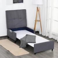 HOMCOM 2-In-1 Design Convertible Single Sofa Bed with Side Pocket and Metal Frame Couch for Living Room, Grey(m-8)