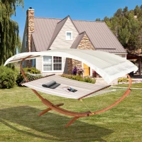 Outsunny 13' Wooden Arc Hammock with Canopy, Outdoor Hammock, Single Bed with Modern Curved Stand for Patio Backyard, Comfortable Polyester Fabic and Steel, White(m-4)